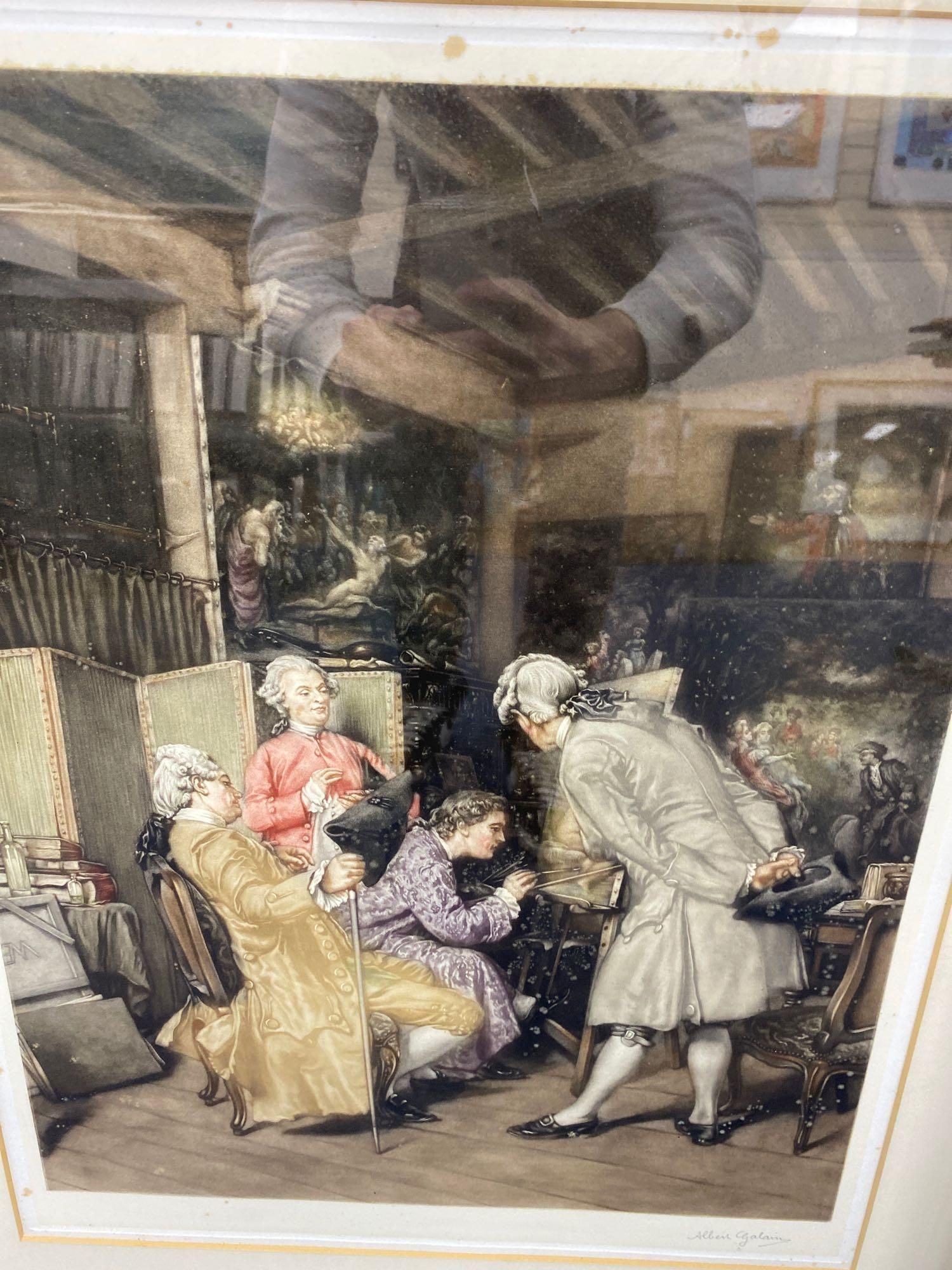 Albert Galain, pair of coloured mezzotints, Georgian interiors, A Painter in the Studio & The Art Lovers, signed in pencil, 54 x 40cm.